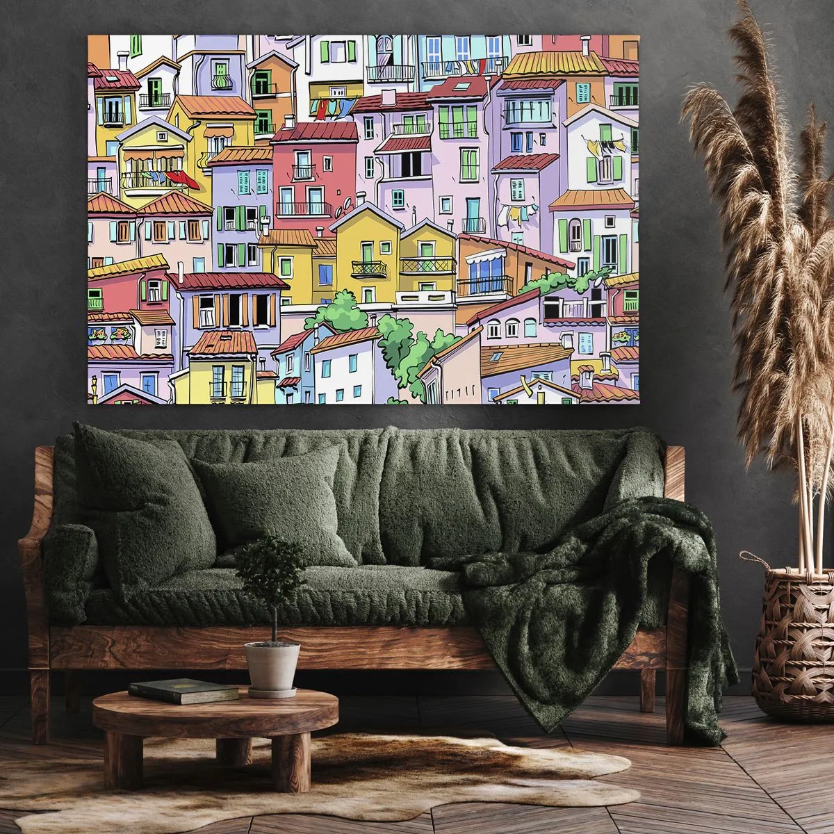 Lærredstryk - Billede på lærred - Farverige lejlighedshuse i en livlig og munter stil - 70x50cm - Glædelig by - Moderne vægdekoration til stue og soveværelse ARTTOR