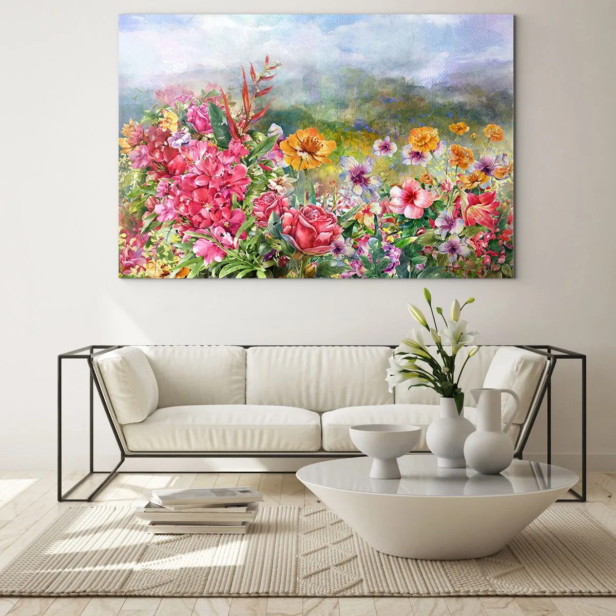 Billede på glas - En buket farverige blomster mod et malerisk landskab - 70x50cm - En have, der er gået amok - Moderne vægdekoration til stue og soveværelse ARTTOR