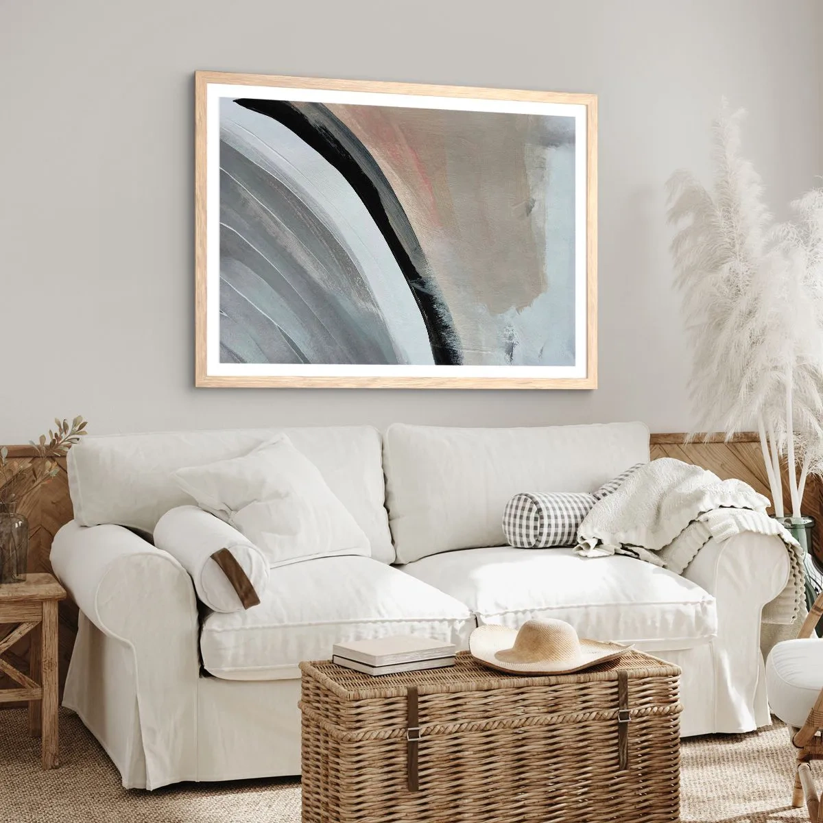 Plakat i ramme af lyst egetræ - Komposition: en bue af sort og gråt - 70x50 cm
