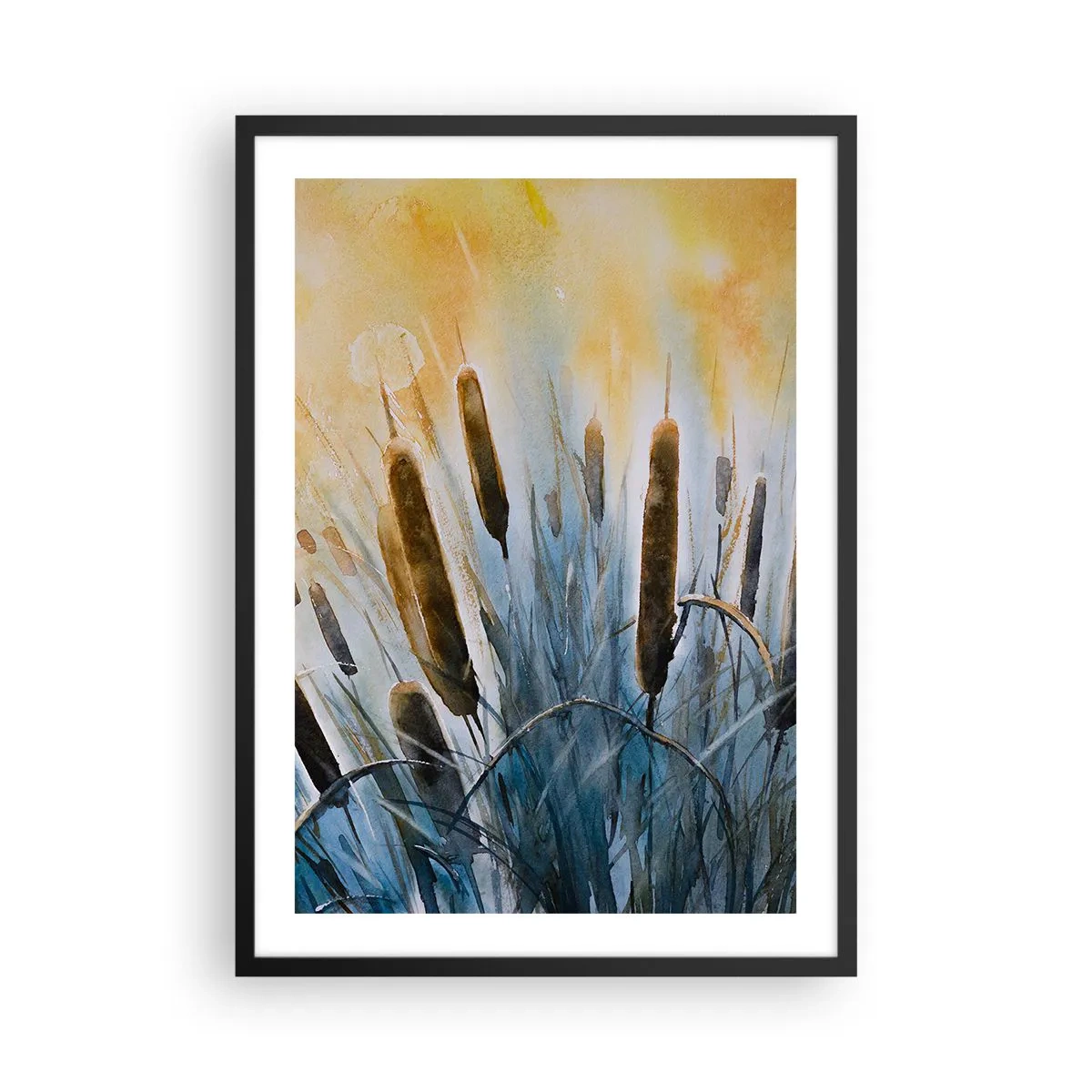 Plakat i sort ramme - En malerisk komposition af siv i varmt lys - 50x70cm - Vandets kulde, solens varme - Moderne vægdekoration til stue og soveværelse ARTTOR