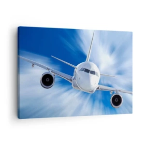 Lærredstryk - Billede på lærred - Et passagerfly i bevægelse mod himlen - 70x50cm - Hurtigere end vinden på himlen - Moderne vægdekoration til stue og soveværelse ARTTOR