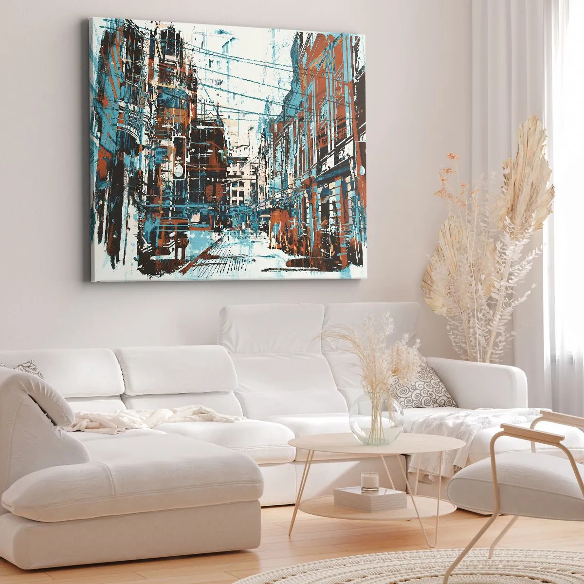 Lærredstryk - Billede på lærred - Et bybillede i blå og orange nuancer - 70x50cm - Et afmærket byspor - Moderne vægdekoration til stue og soveværelse ARTTOR