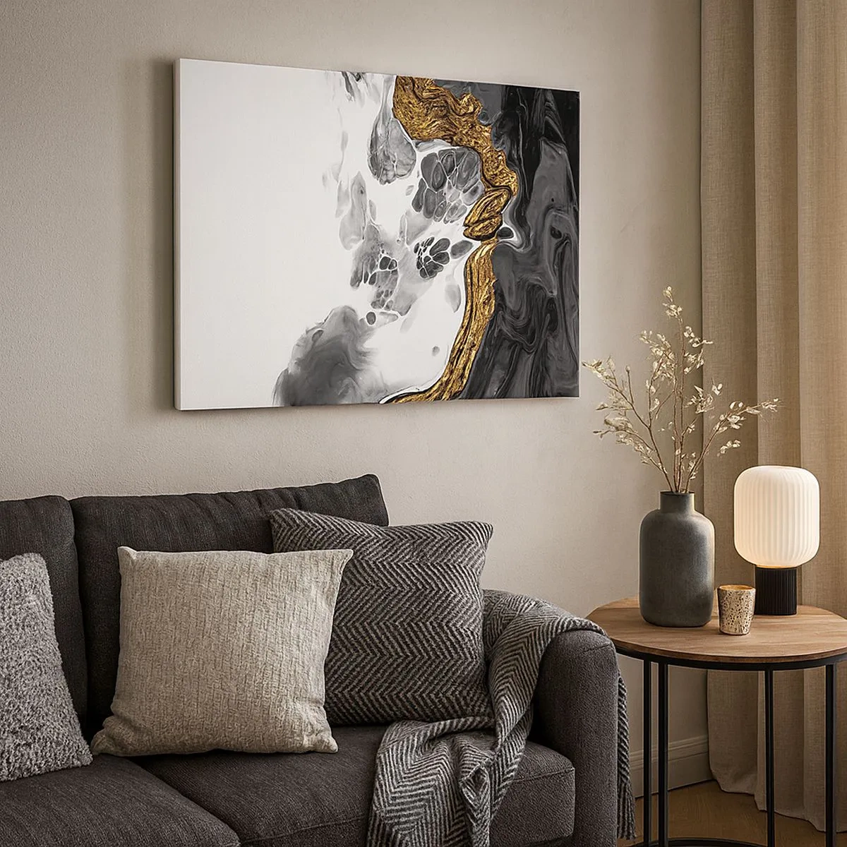 Lærredstryk - Billede på lærred - En abstrakt komposition med accenter af guld og sort. - 70x50cm - Organisk sammensætning - Moderne vægdekoration til stue og soveværelse ARTTOR