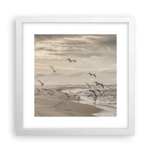 Plakat i hvid ramme - Havet brummer, fuglene synger - 30x30 cm