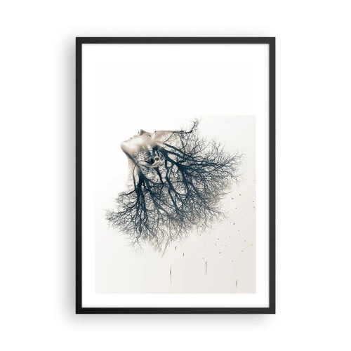 Plakat i sort ramme - En kvindes ansigt med grene, der danner hår i en surrealistisk stil. - 50x70cm - Lyttede til træets hvisken - Moderne vægdekoration til stue og soveværelse ARTTOR