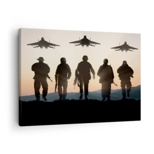 Lærredstryk - Billede på lærred - Silhuetter af soldater og jagerfly mod solnedgangsbaggrunden - 70x50cm - Velkommen til vores verden - Moderne vægdekoration til stue og soveværelse ARTTOR
