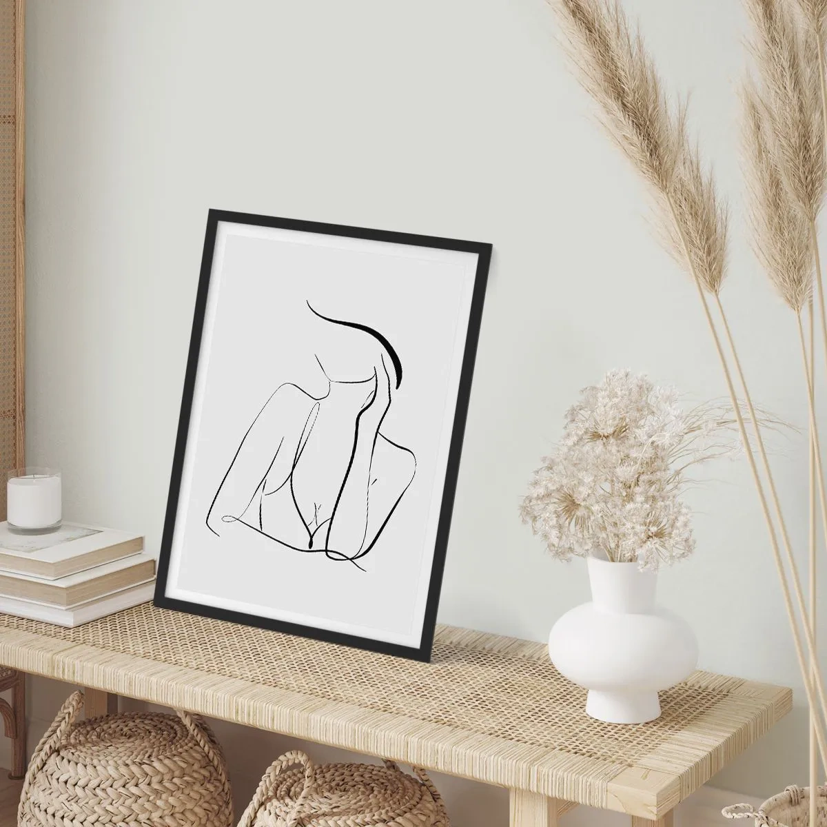 Plakat i sort ramme - En minimalistisk linje, der skildrer en kvindes silhuet - 50x70cm - På bølgen af en drøm - Moderne vægdekoration til stue og soveværelse ARTTOR
