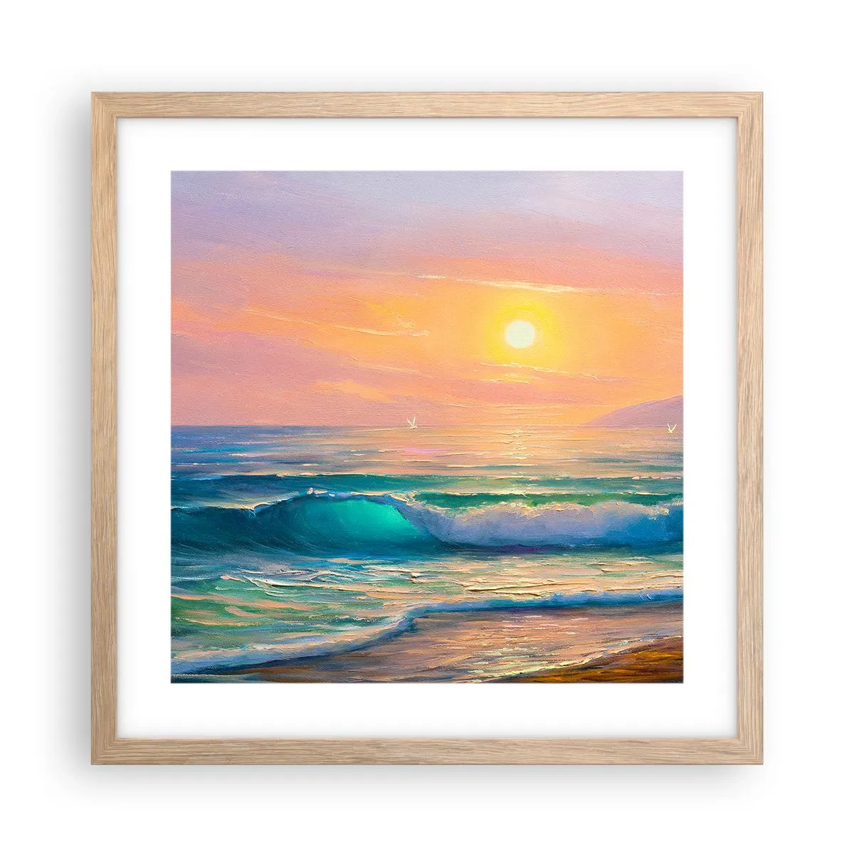 Plakat i ramme af lyst egetræ - Bølgernes turkisfarvede sang - 40x40 cm