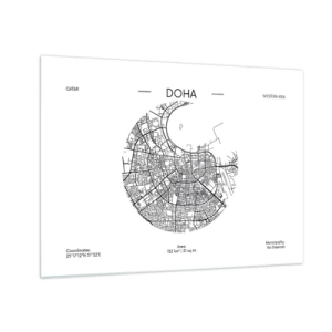 Billede på glas - Et grafisk kort over Doha i en sort-hvid minimalistisk stil. - 70x50cm - Dohas anatomi - Moderne vægdekoration til stue og soveværelse ARTTOR