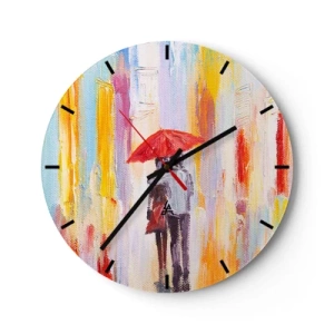 Vægur, Uret - En figur med en rød paraply mod baggrunden af en farverig by - 30x30cm - Lad det regne  mere - Moderne vægdekoration til stue, køkken og soveværelse ARTTOR