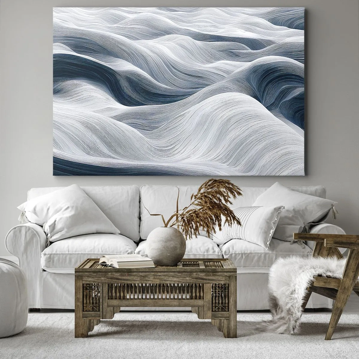 Lærredstryk - Billede på lærred - Bølgede linjer i nuancer af blå og hvid - 70x50cm - Hvide og blå bølger - Moderne vægdekoration til stue og soveværelse ARTTOR