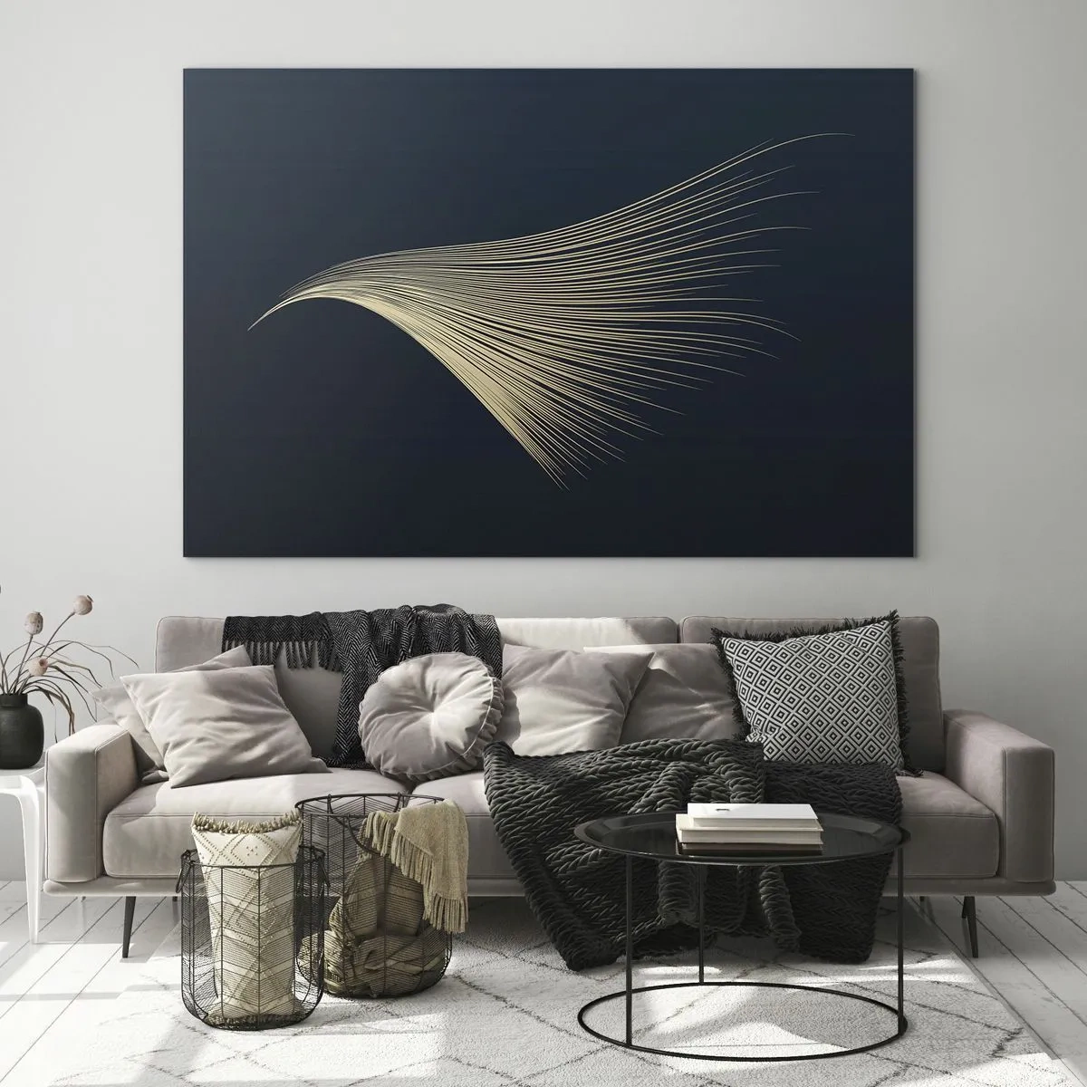 Billede på glas - En gylden linje, der ligner en vinge, på en marineblå baggrund - 70x50cm - Som en engels hår - Moderne vægdekoration til stue og soveværelse ARTTOR