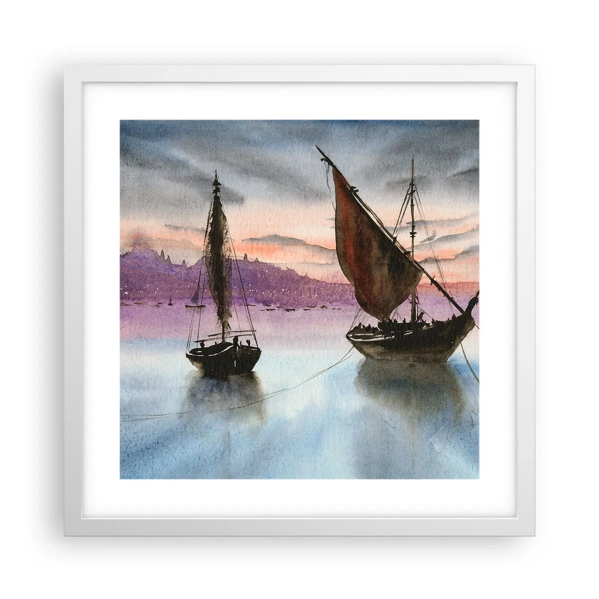 Plakat i hvid ramme - Aften i havnen - 40x40 cm