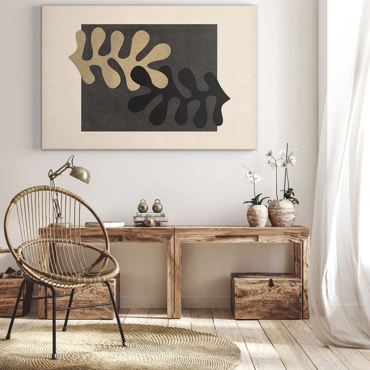 Lærredstryk - Billede på lærred - Abstrakte blade i sort og beige på en rektangulær baggrund - 70x50cm - Fravær og supplement - Moderne vægdekoration til stue og soveværelse ARTTOR