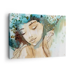 Lærredstryk - Billede på lærred - Portræt af en kvinde i sarte akvarelfarver - 70x50cm - Lady in blue - Moderne vægdekoration til stue og soveværelse ARTTOR