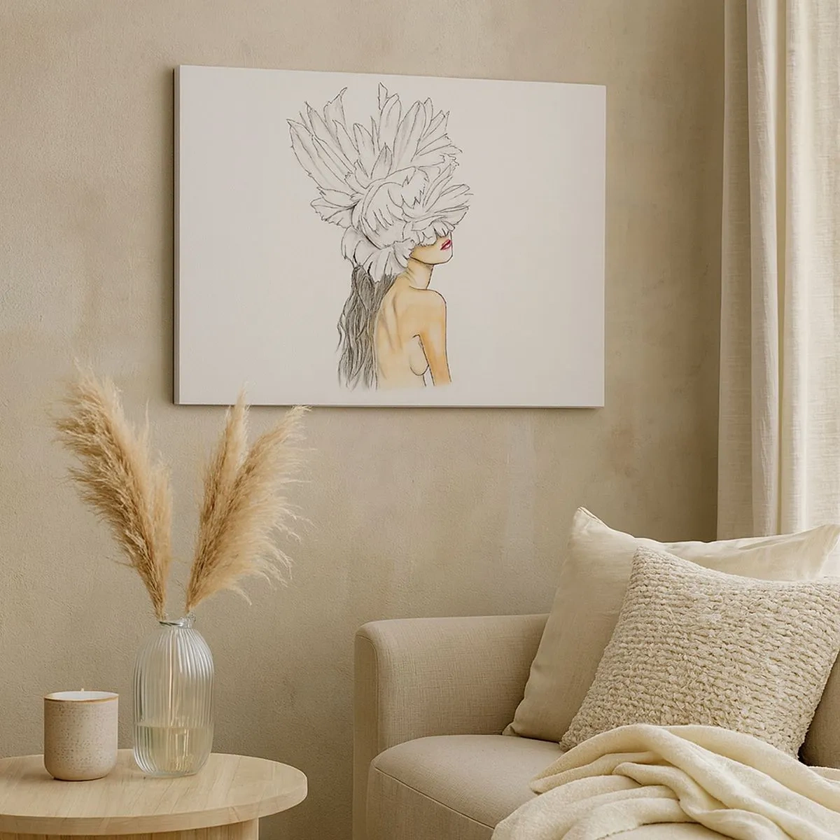 Lærredstryk - Billede på lærred - Portræt af en kvinde med fjerdekoration i kunstnerisk stil - 70x50cm - Skønhed kronet - Moderne vægdekoration til stue og soveværelse ARTTOR