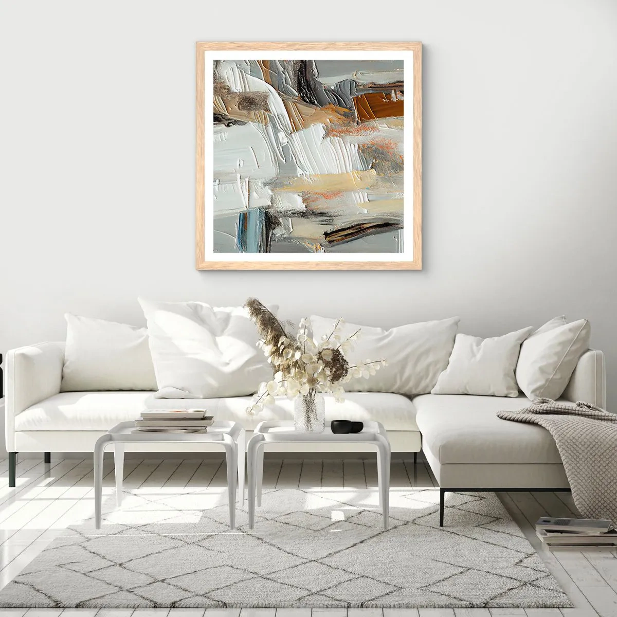 Plakat i ramme af lyst egetræ - Farverige lagdelinger - 40x40 cm