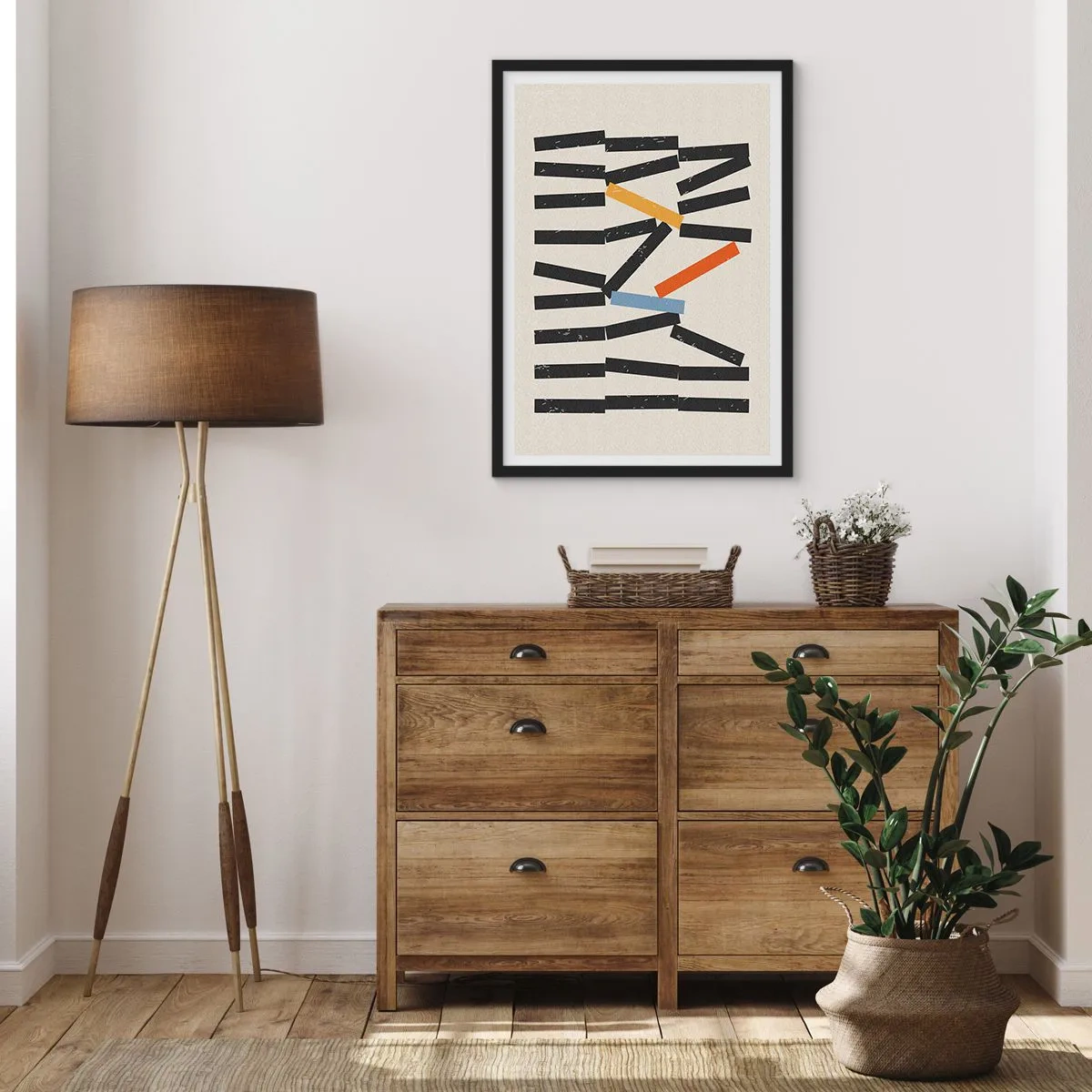 Plakat i sort ramme - Abstrakt geometrisk komposition med farverige accenter - 50x70cm - Dominoer - komposition - Moderne vægdekoration til stue og soveværelse ARTTOR