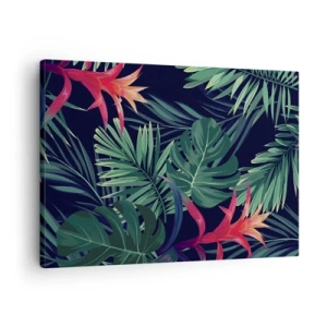 Lærredstryk - Billede på lærred - Tropiske blade og blomster på en mørk baggrund - 70x50cm - Brænd i grønt - Moderne vægdekoration til stue og soveværelse ARTTOR