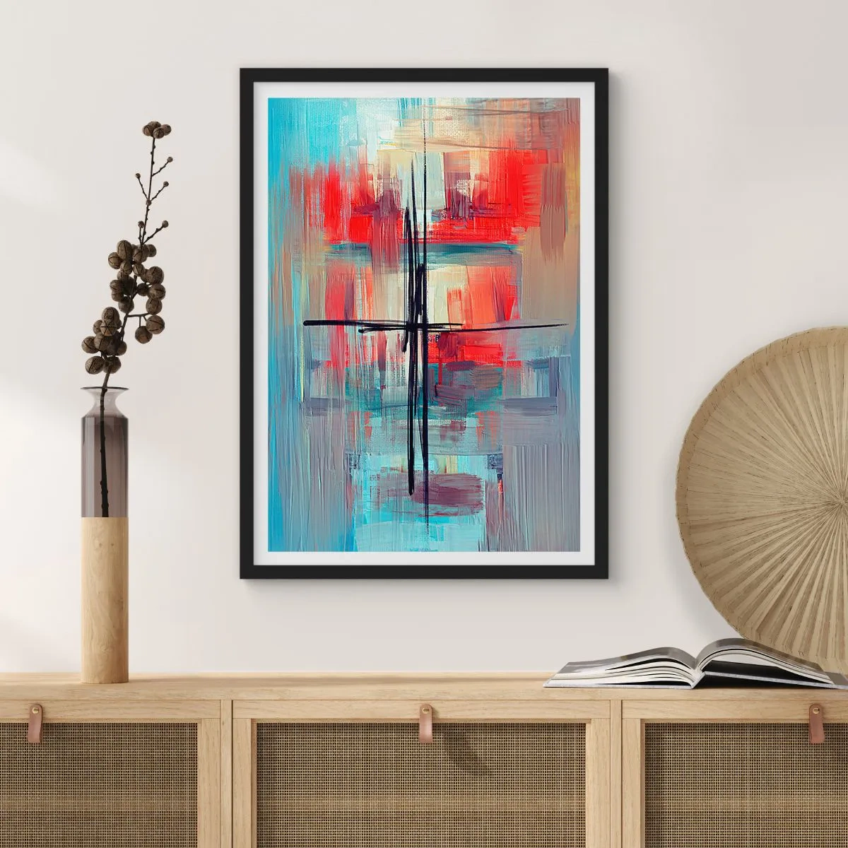 Plakat i sort ramme - Abstrakt komposition i dynamiske farver - 50x70cm - Landskab i en ukendt dimension - Moderne vægdekoration til stue og soveværelse ARTTOR