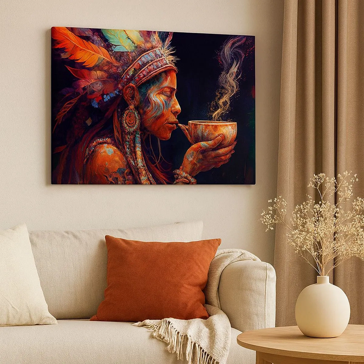 Lærredstryk - Billede på lærred - En farverig figur i etnisk stil med en kop dampende drik - 70x50cm - Et magisk ritual - Moderne vægdekoration til stue og soveværelse ARTTOR