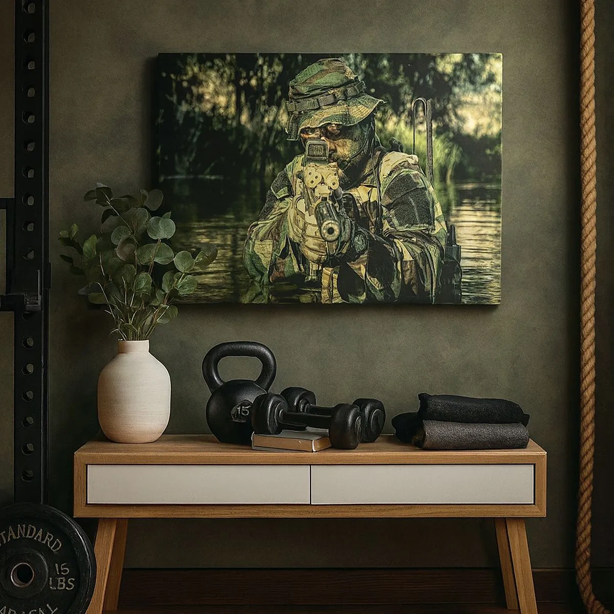 Lærredstryk - Billede på lærred - En soldat i camouflage sigter gennem vandet. - 70x50cm - Det bedste af det bedste - Moderne vægdekoration til stue og soveværelse ARTTOR
