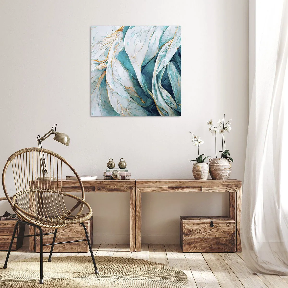 Lærredstryk - Billede på lærred - Blå abstraktion med et guldmotiv - 30x30 cm