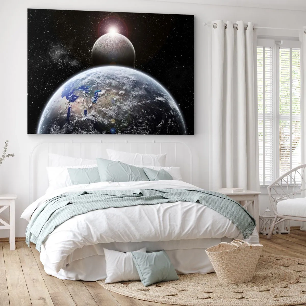 Lærredstryk - Billede på lærred - Planeten Jorden og Månen mod baggrund af det stjerneklare ydre rum. - 70x50cm - Kosmisk landskab - solopgang - Moderne vægdekoration til stue og soveværelse ARTTOR
