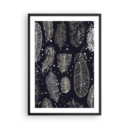 Plakat i sort ramme - Hvide fjer på en sort baggrund i et elegant arrangement - 50x70cm - Fjerede blonder - Moderne vægdekoration til stue og soveværelse ARTTOR