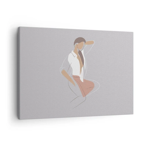 Lærredstryk - Billede på lærred - Et minimalistisk portræt af en kvinde i pastelfarver. - 70x50cm - Omrids af nåde - Moderne vægdekoration til stue og soveværelse ARTTOR