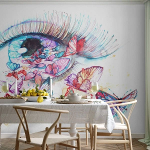 Fototapet Selvklæbende Deluxe Sticker - Eventyrlige øjne - Kvindens øje, Sommerfugl, Abstraktion - 100x70 cm