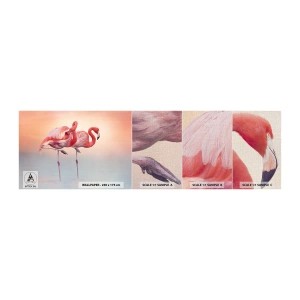 Prøve Fototapet Premium Canvas - I farven af den nedgående sol - Flamingoer, Fugle, Natur - 100x30 cm