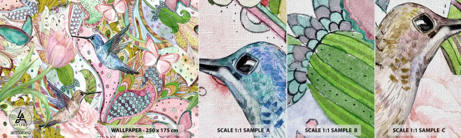 Prøve Fototapet Premium Canvas - Forviklet i vinstokkene - Blomster, Fugl, Sommerfugl - 100x30 cm