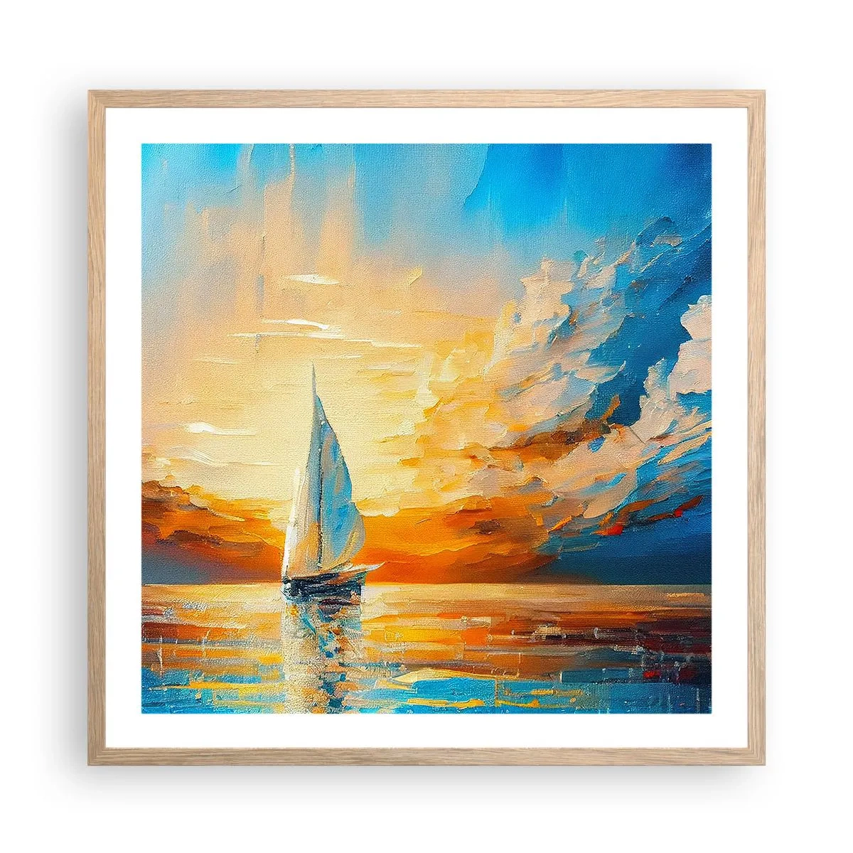 Plakat i ramme af lyst egetræ - Sejler i guld - 60x60 cm