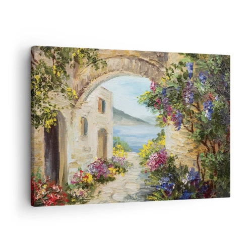 Lærredstryk - Billede på lærred - Kystlandskab med stenbygninger og blomster - 70x50cm - Charmen af kystlandskabet - Moderne vægdekoration til stue og soveværelse ARTTOR