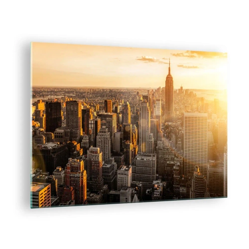 Billede på glas - New York Citys skyline ved solnedgang - 70x50cm - At vokse i solen - Moderne vægdekoration til stue og soveværelse ARTTOR