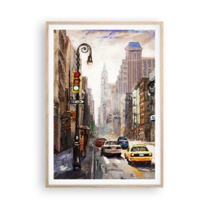 Plakat i ramme af lyst egetræ - New York - også farverig i regnvejr - 70x100 cm