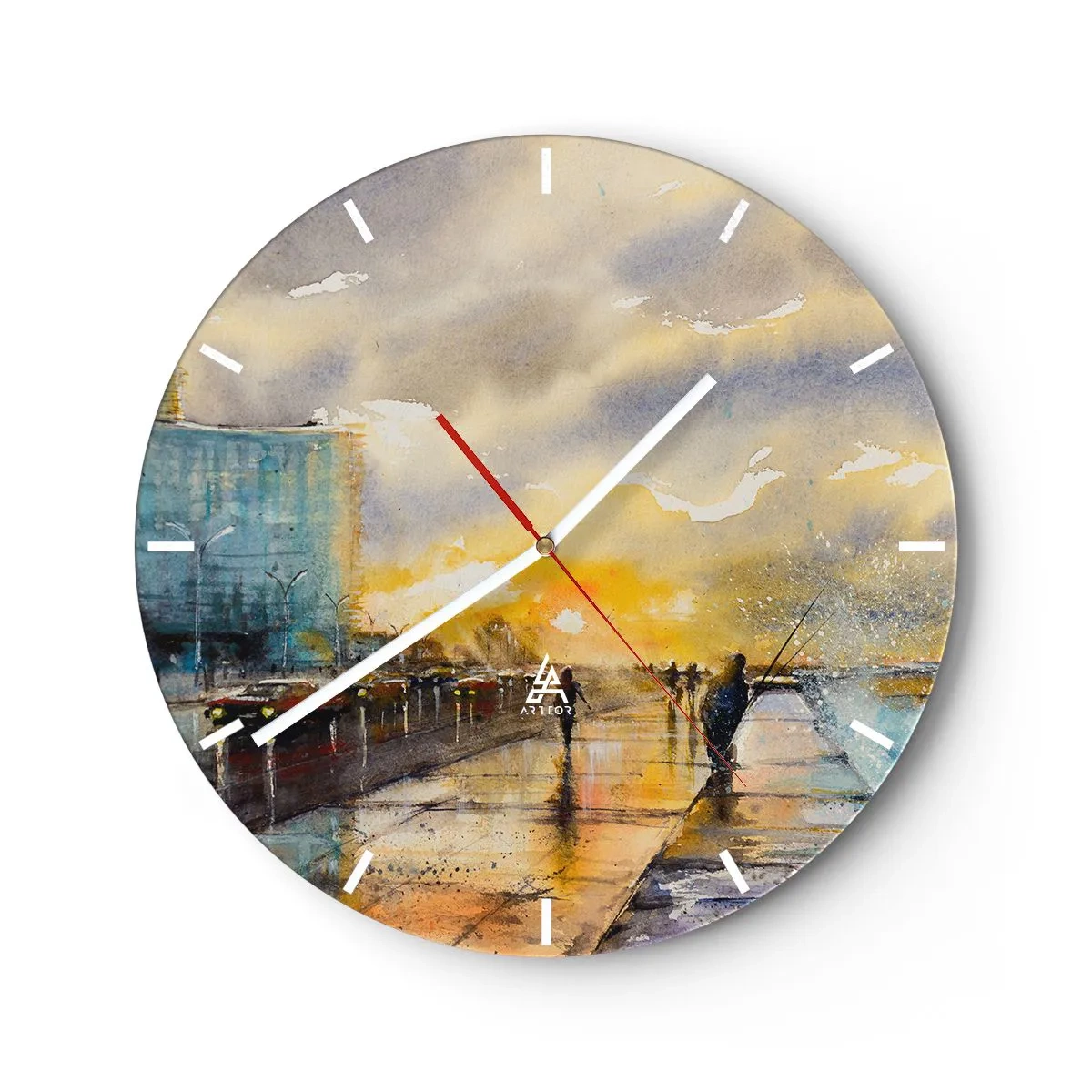 Vægur, Uret - En gåtur langs strandpromenaden i skumringen - 30x30cm - Livet på kysten - Moderne vægdekoration til stue, køkken og soveværelse ARTTOR