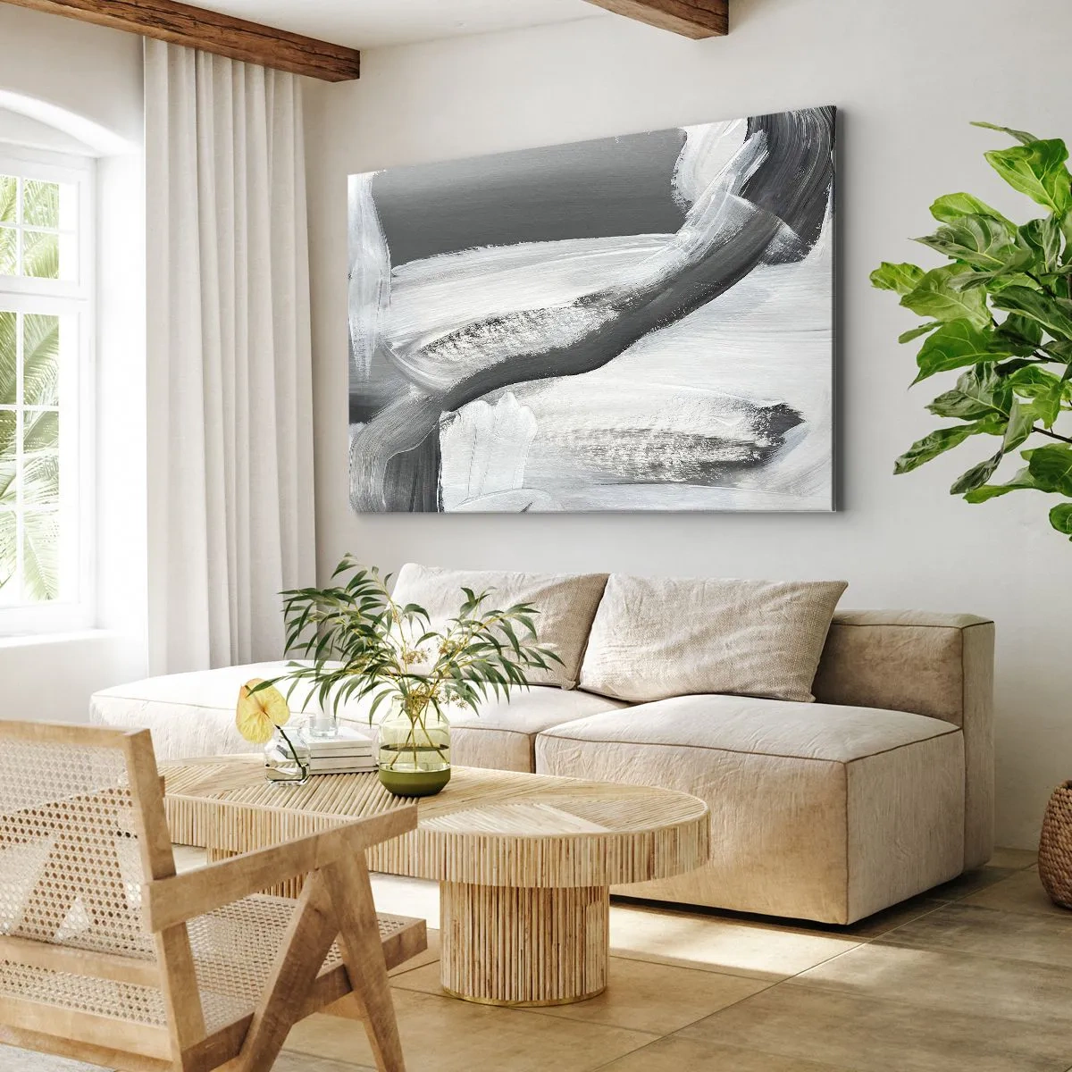 Lærredstryk - Billede på lærred - Grå og hvid abstraktion med dynamiske linjer - 70x50cm - Med beslutsom bevægelse - Moderne vægdekoration til stue og soveværelse ARTTOR