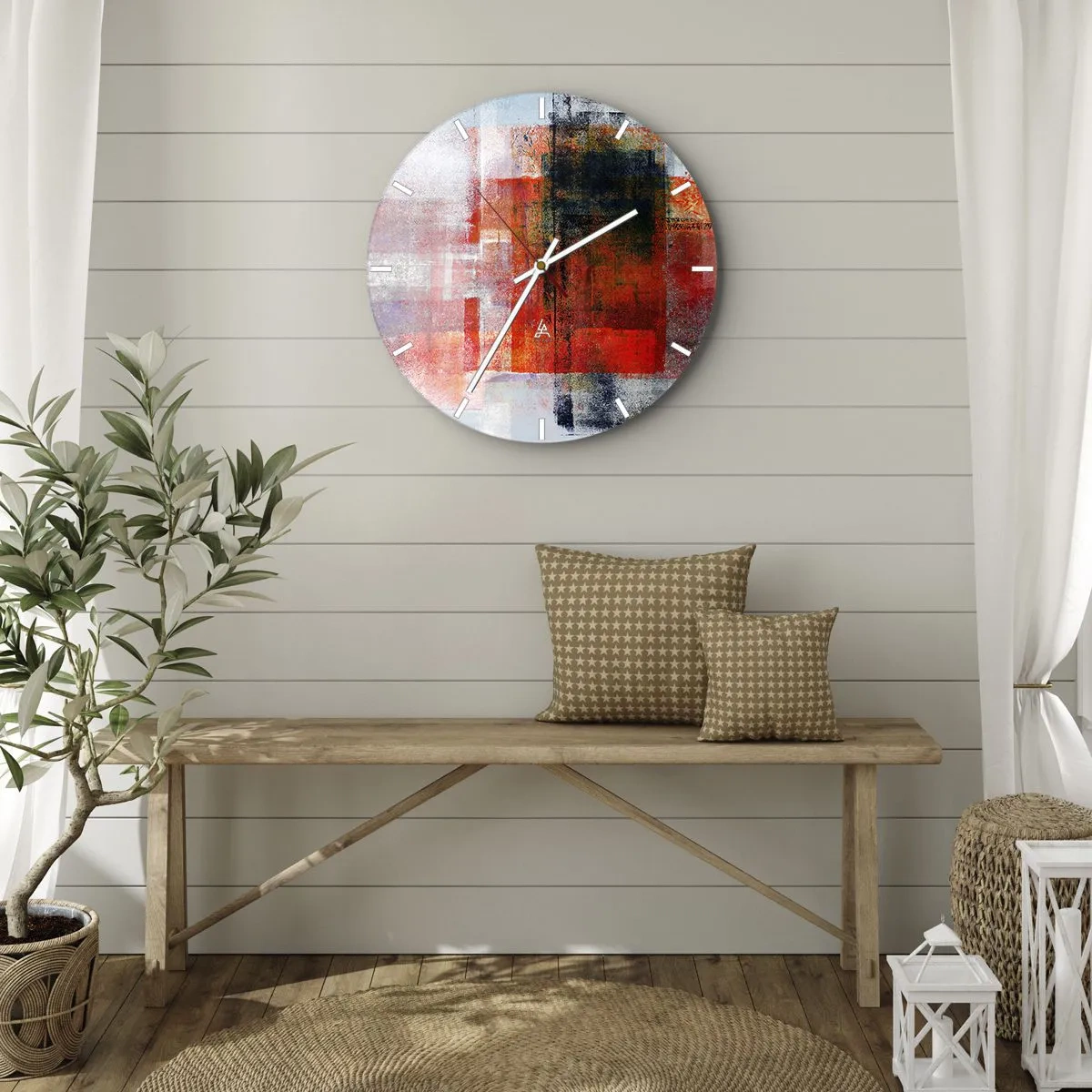 Vægur, Uret - Abstrakte geometriske former i røde nuancer - 30x30cm - Glødende komposition - Moderne vægdekoration til stue, køkken og soveværelse ARTTOR