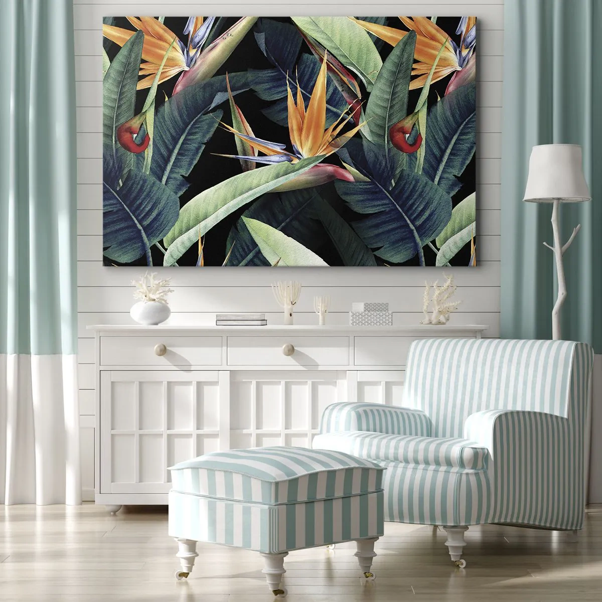 Lærredstryk - Billede på lærred - Tropiske blomster og blade på en sort baggrund - 70x50cm - Flammeblomster i troperne - Moderne vægdekoration til stue og soveværelse ARTTOR