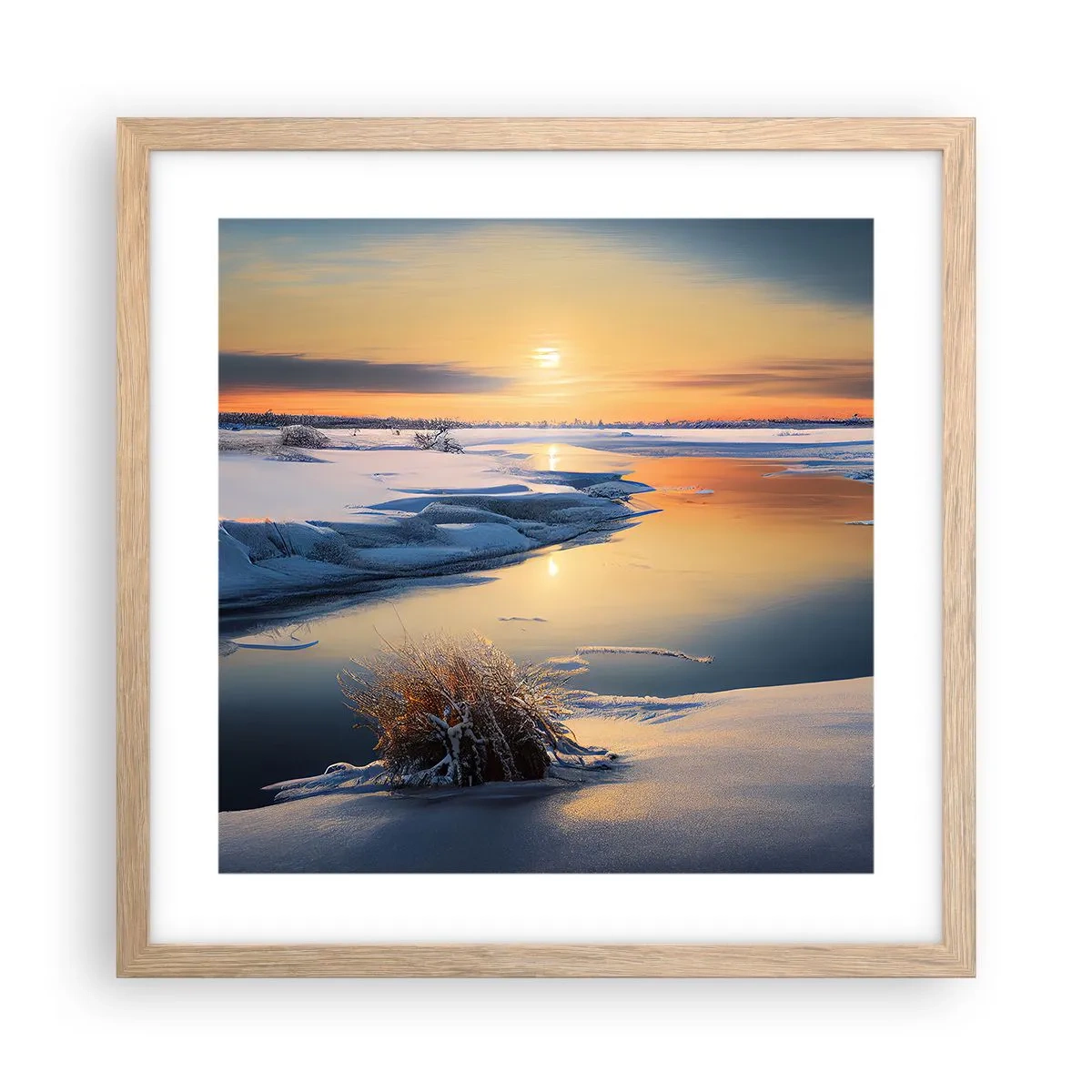 Plakat i ramme af lyst egetræ - Vintersolnedgang - 40x40 cm