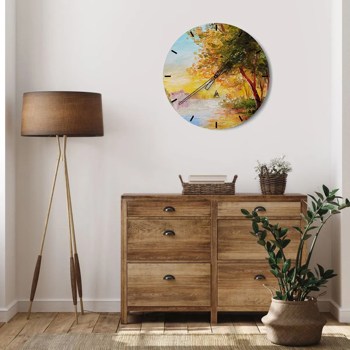 Vægur, Uret - Efterårstræer ved floden i det varme sollys - 30x30cm - Et in Arcadia ego - Moderne vægdekoration til stue, køkken og soveværelse ARTTOR