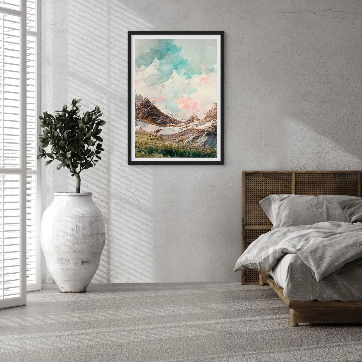 Plakat i sort ramme - Et malerisk bjerglandskab med en pastelfarvet himmel - 50x70cm - Stenede knive - Moderne vægdekoration til stue og soveværelse ARTTOR