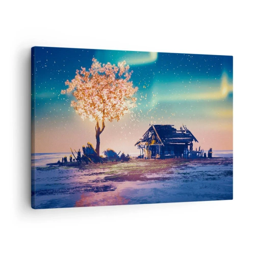 Lærredstryk - Billede på lærred - Et hus og et blomstrende træ under nattehimlen - 70x50cm - Naturen går ikke over - Moderne vægdekoration til stue og soveværelse ARTTOR