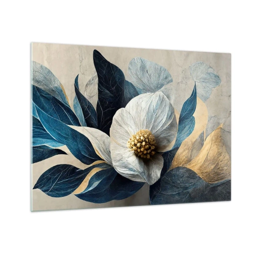 Billede på glas - Et hvidt blomsterarrangement med marineblå blade og en gylden midte - 70x50cm - Har et hjerte af guld - Moderne vægdekoration til stue og soveværelse ARTTOR