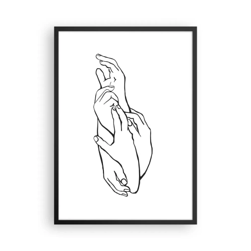 Plakat i sort ramme - En minimalistisk skitse af foldede hænder på en hvid baggrund. - 50x70cm - God berøring - Moderne vægdekoration til stue og soveværelse ARTTOR