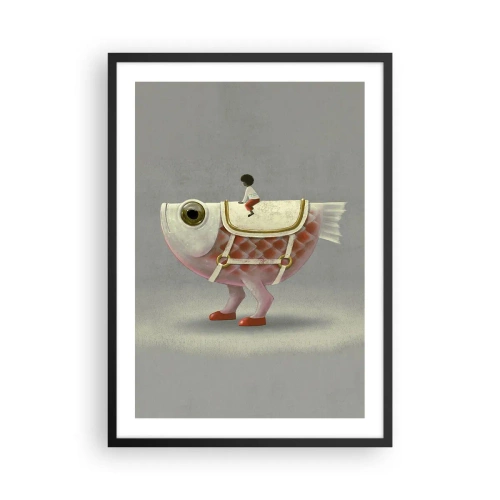 Plakat i sort ramme - En fantasifisk med en sadel og en figur på en grå baggrund - 50x70cm - Rybonski rytter - Moderne vægdekoration til stue og soveværelse ARTTOR