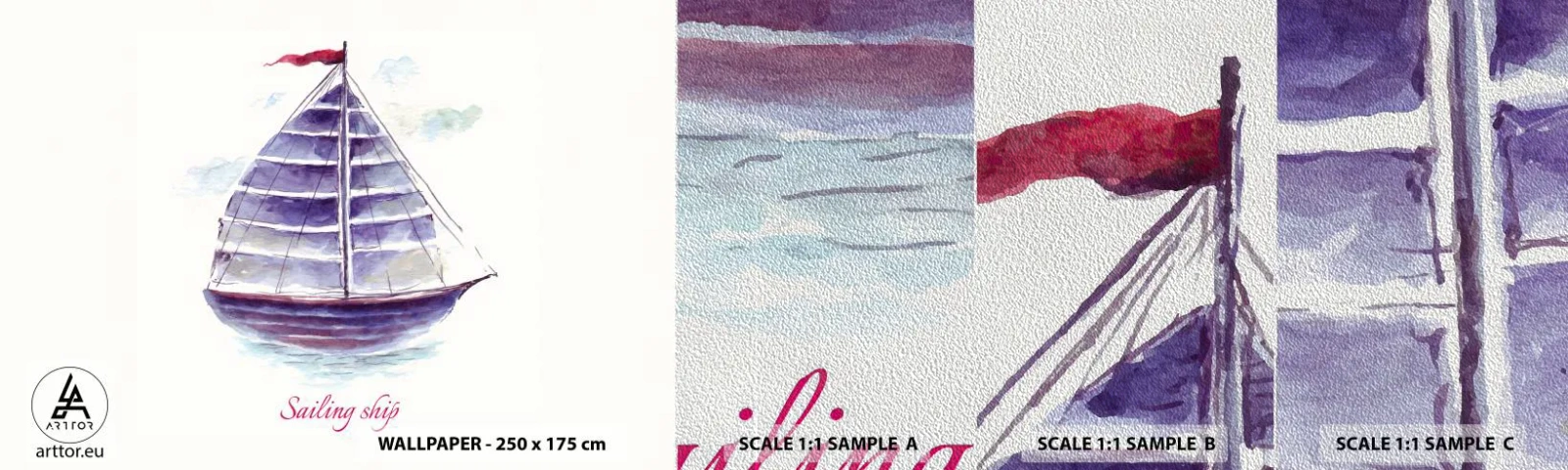 Prøve Fototapet Premium Sand - Fulde sejl og roligt vand - Sejlbåd, Ved havet, Hav - 100x30 cm