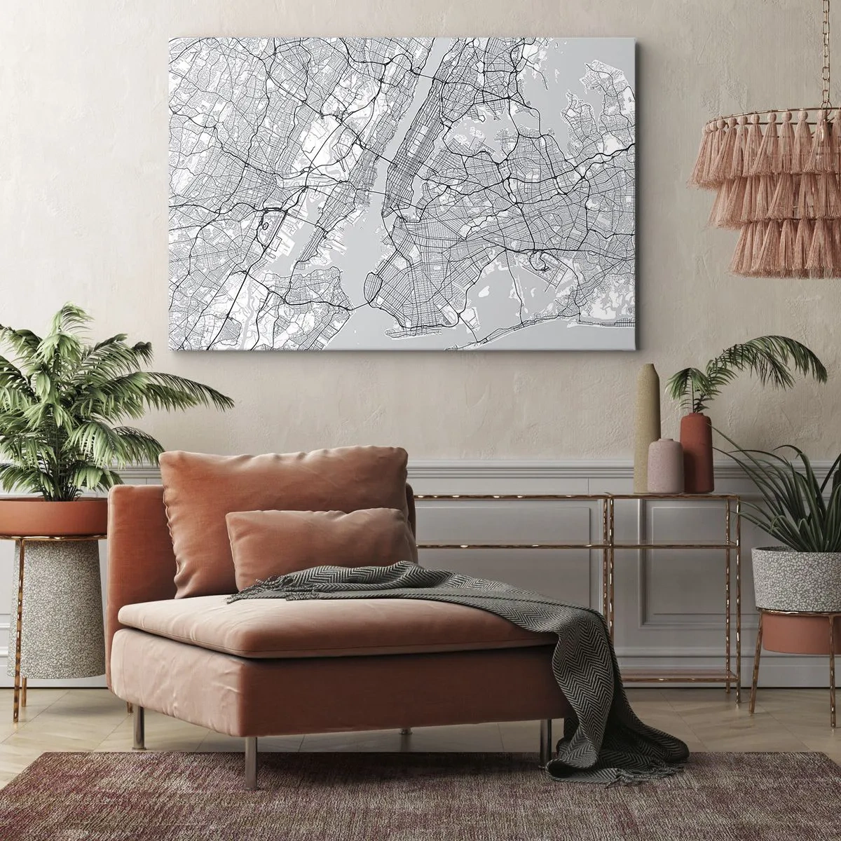 Lærredstryk - Billede på lærred - Et bykort i minimalistisk stil på en grå baggrund - 70x50cm - Anatomi af en storby - Moderne vægdekoration til stue og soveværelse ARTTOR
